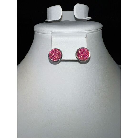 Silver Tone and Sparkly Pink Druzy Stud Earrings - Picture 1 of 5